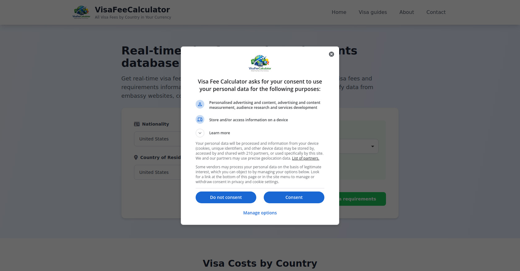 Visa fee calculator | Screenshot
